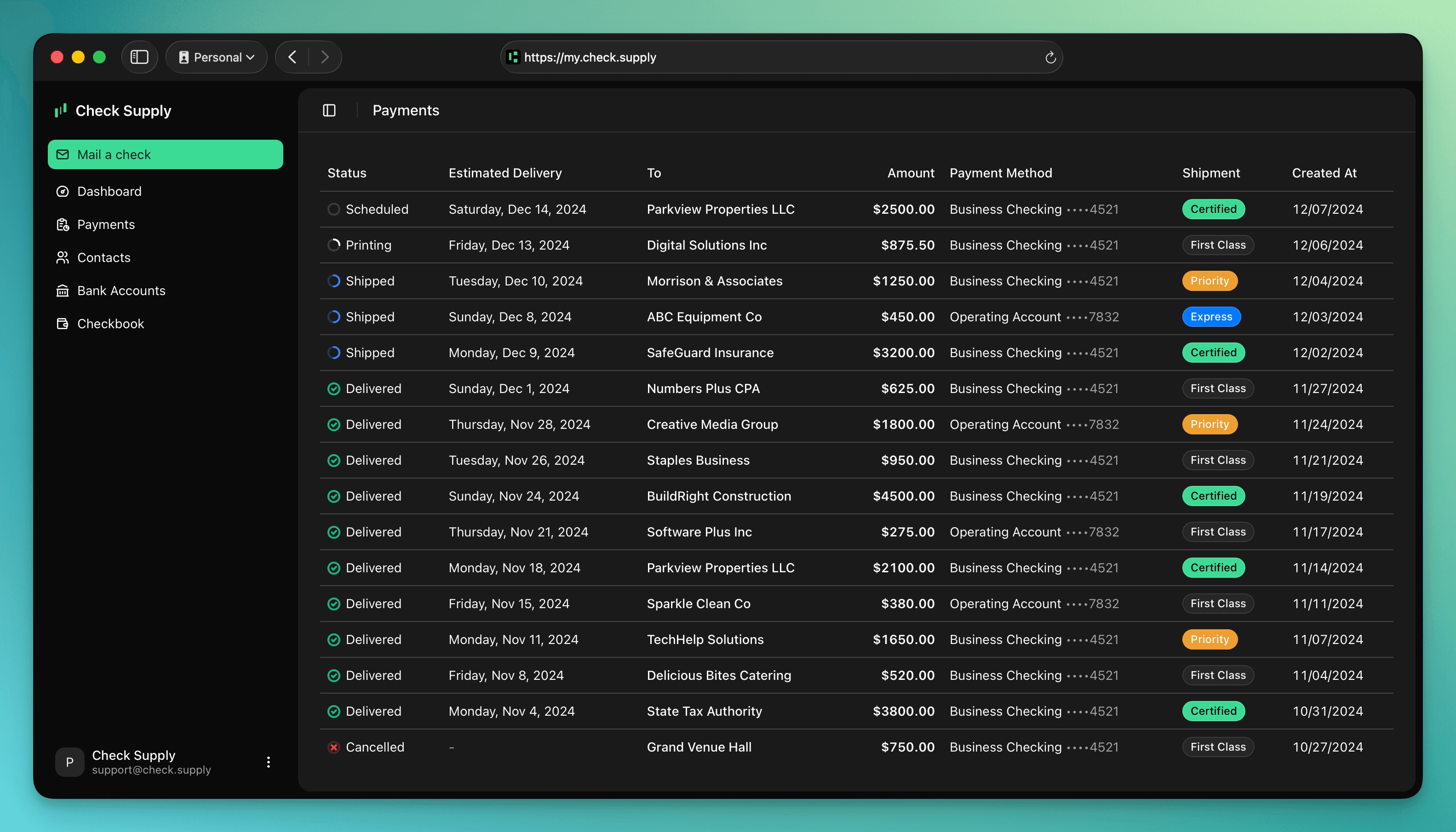 New: Send checks on the web!
