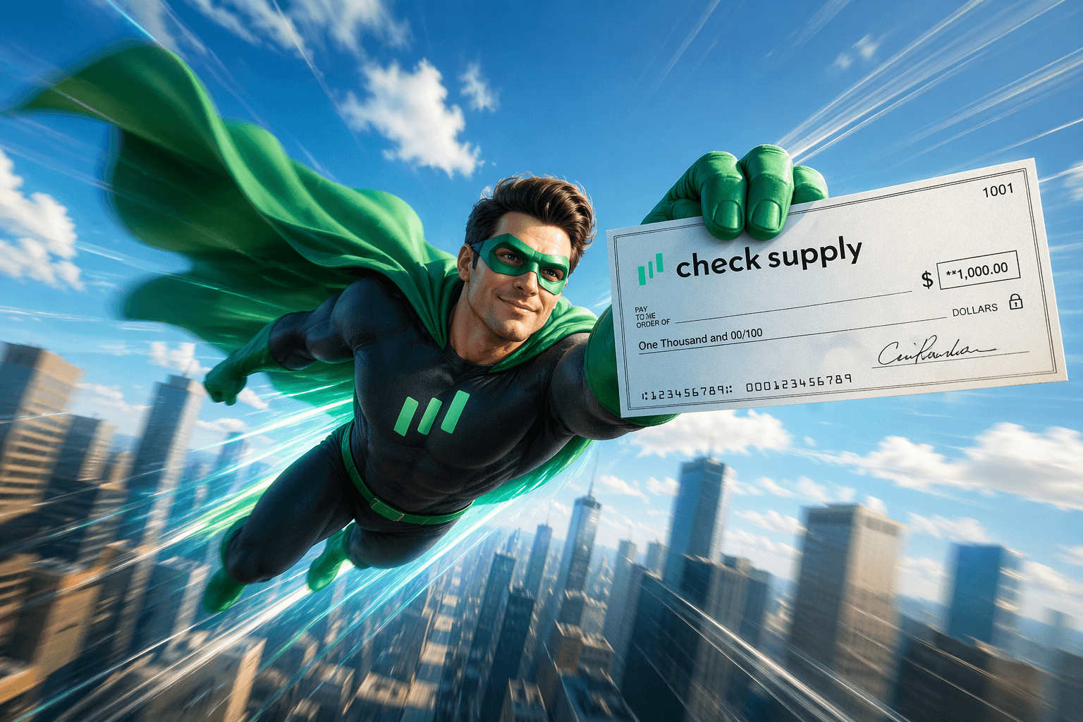 Check Supply superhero flying over a city holding a giant overnight check