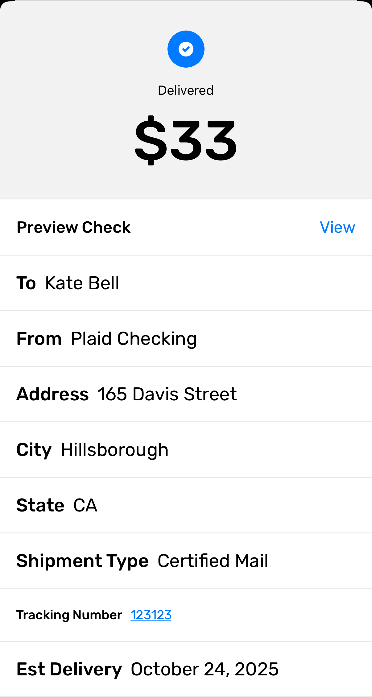 Payment confirmation screen showing tracking enabled and shipment details