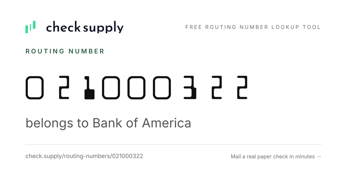 Routing Number 021000322 — Bank of America - Check Supply