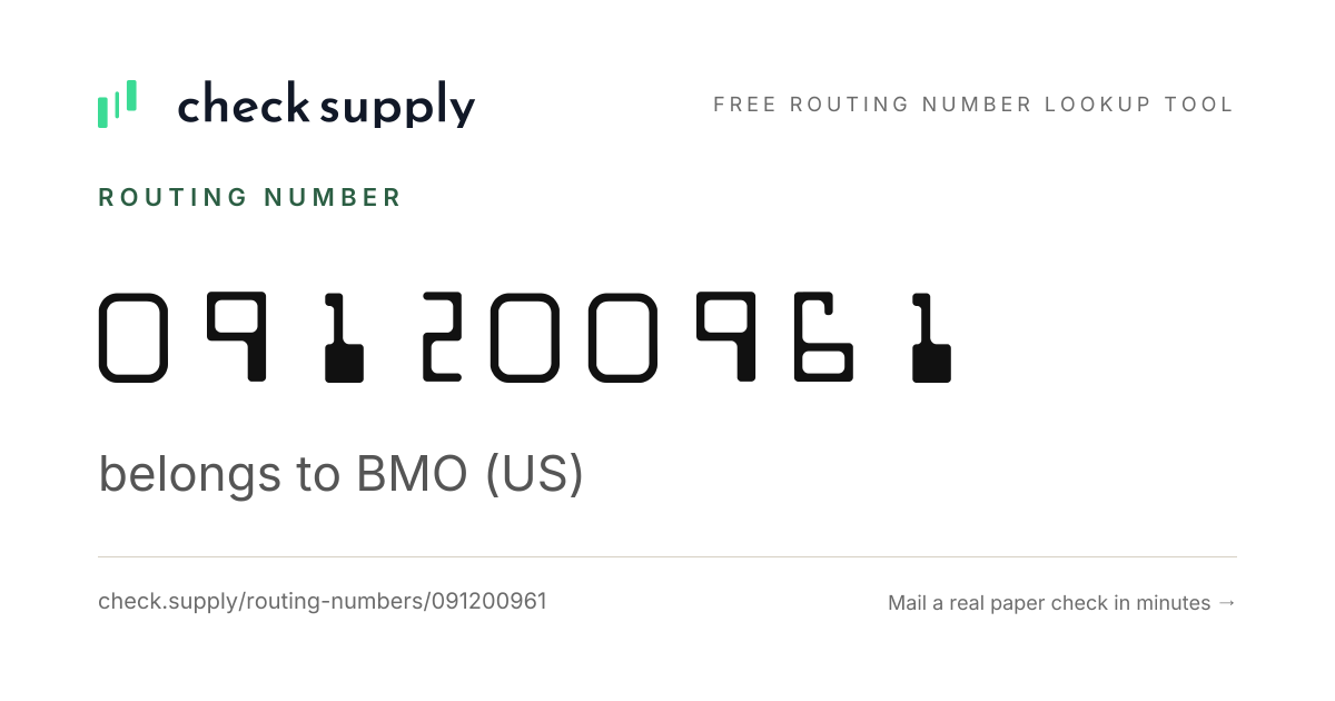 Routing Number 091200961 — BMO (US) - Check Supply