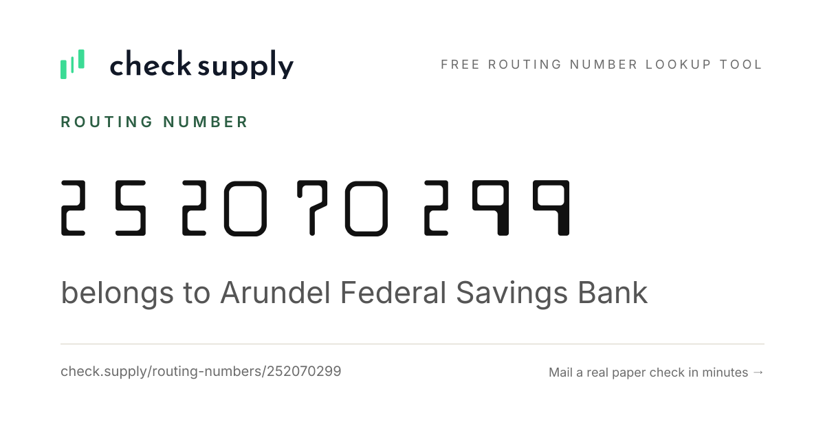 Routing Number 252070299 — Arundel Federal Savings Bank - Check Supply